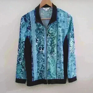 NORTHERN TRADTITIONS | Women's Black/Blue Floral Zip Up Lightweight Sweater